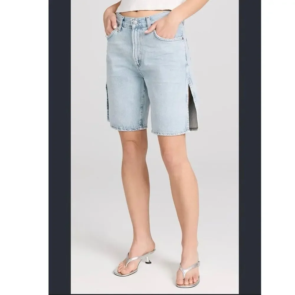 AGOLDE Vida Split Hem Long Denim Shorts Size 26 Light Wash